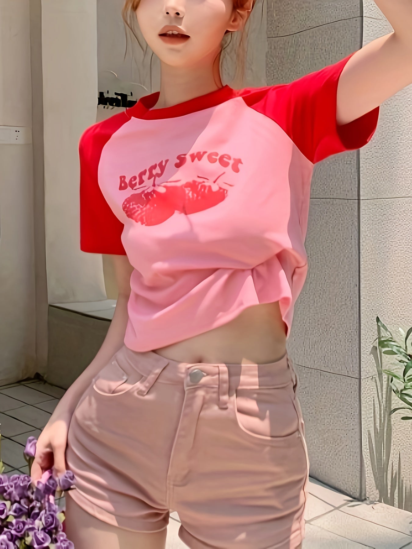 vlovelaw Cherry Print Color Block Crop T-Shirt, Casual Raglan Sleeve T-Shirt For Spring & Summer, Women's Clothing