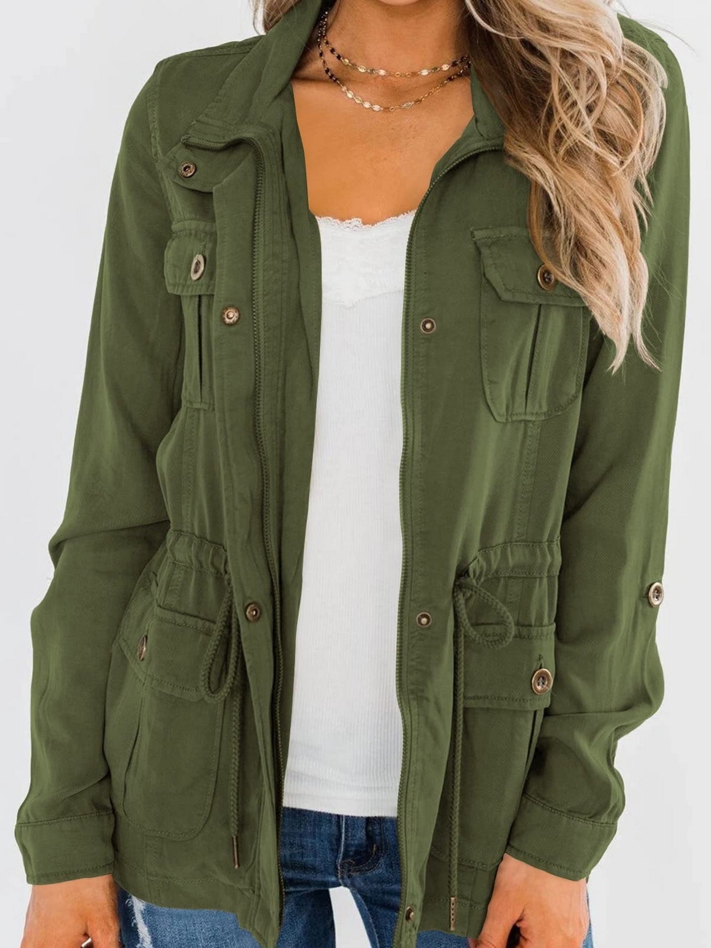 Casual Pockets Fashion Jacket, Lapel Long Sleeve Loose Waist Drawstring Outerwear, Women's Clothing