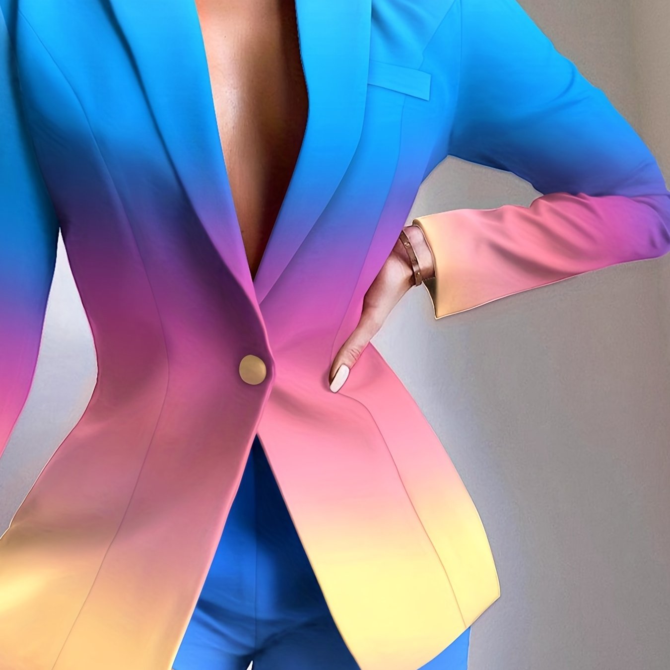 Gradient One Button Blazer, Casual Lapel Long Sleeve Outerwear, Women's Clothing