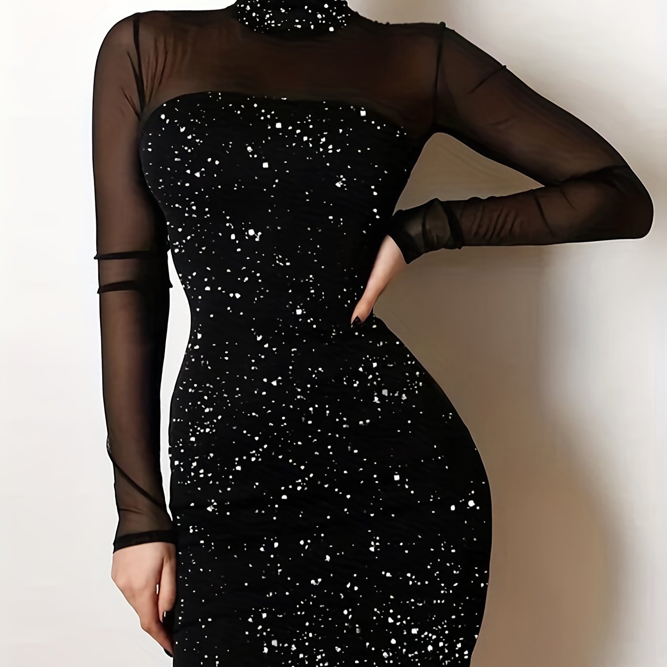 Sheer Splicing Dress, Sexy Solid High Collar Long Sleeve Bodycon Evening Dress, Women's Clothing
