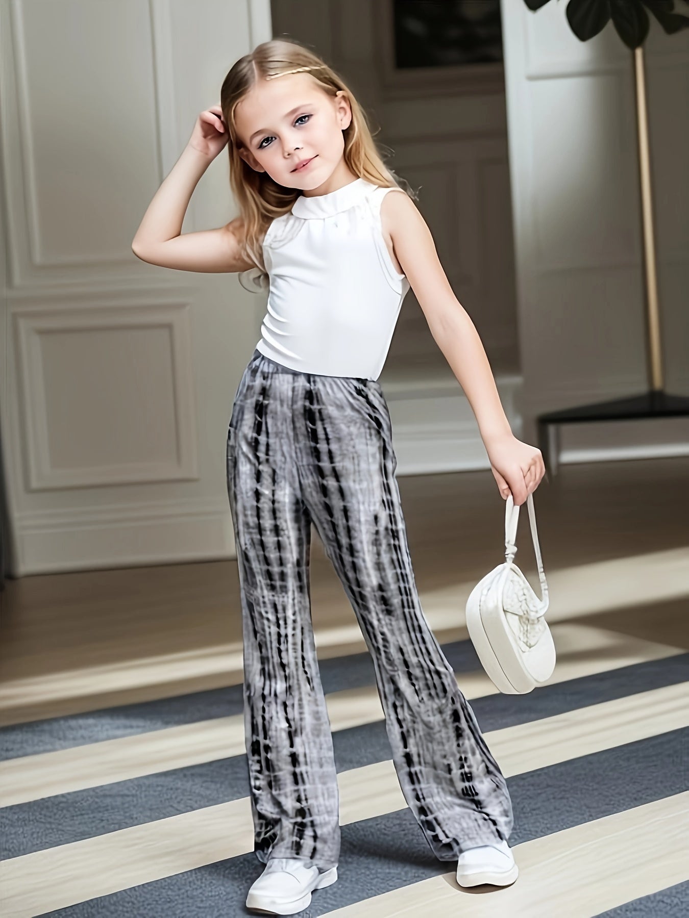Girls Stylish Black Tie Dye Print Knit High Waisted Flare Leg Pants, Slim Fitting