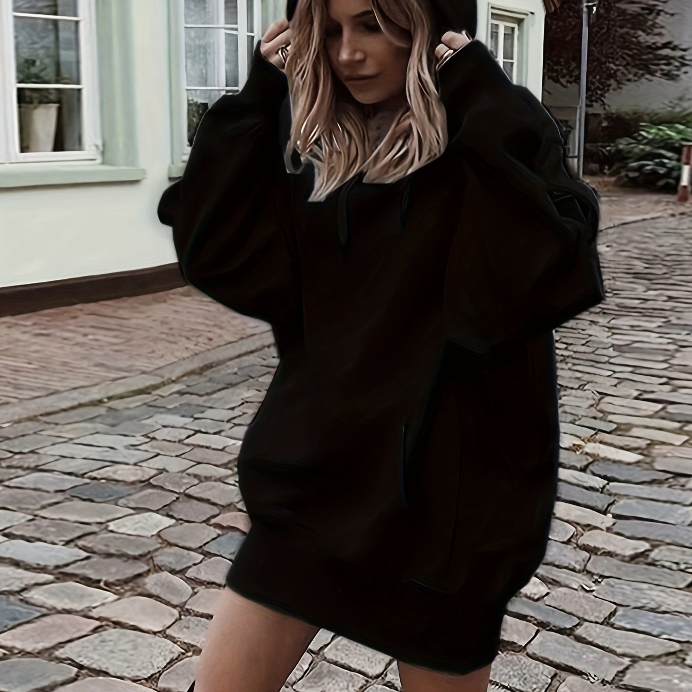 vlovelaw  Solid Color Kangaroo Pocket Hoodie, Casual Long Sleeve Thigh Length Drawstring Hoodie Sweatshirt, Women's Clothing