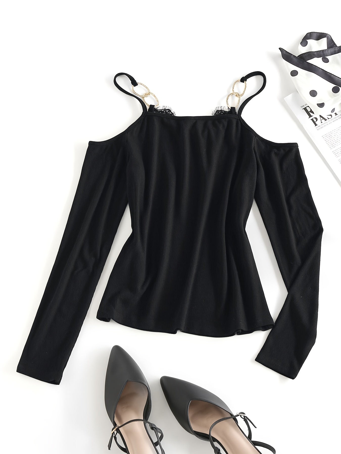 vlovelaw Open Shoulder Lace Trim V Neck T-shirt, Casual Loose Long Sleeve Fashion Waist Spring Fall T-Shirts Tops, Women's Clothing