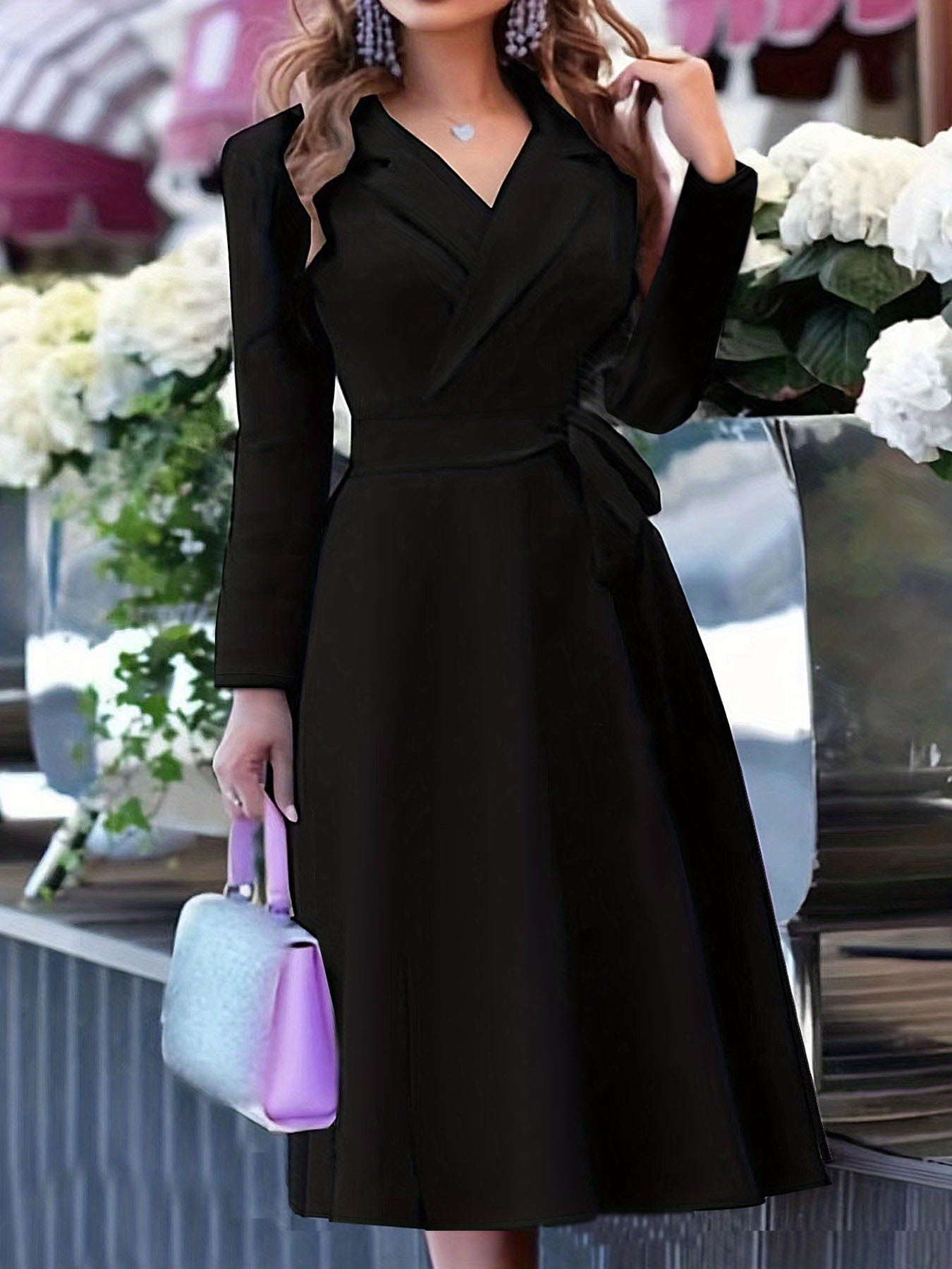 Solid V Neck Belted Dress, Casal Long Sleeve Dress For Spring & Fall, Women's Clothing