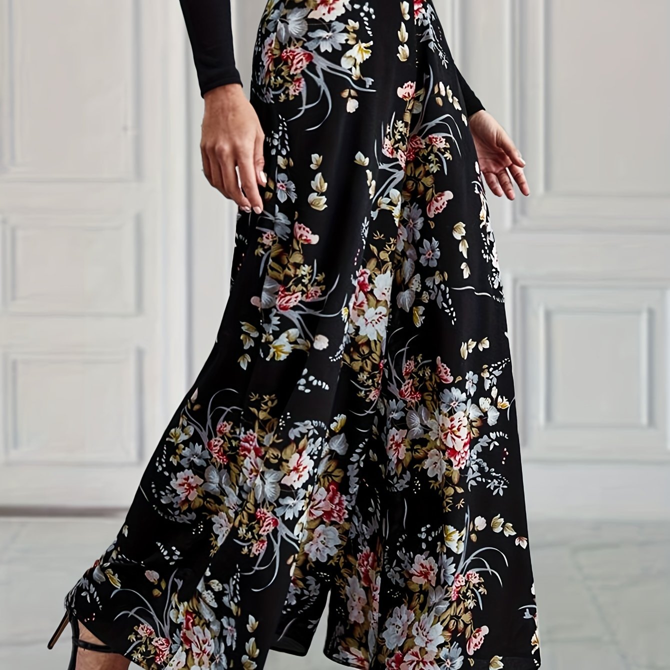 vlovelaw Floral Print Wide Leg Pants, Elegant High Waist Flowy Pants, Women's Clothing