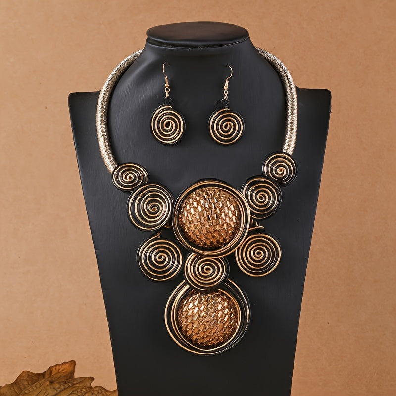 1 Pair Of Earrings + 1 Necklace Boho Style Jewelry Set Exaggerated Spiral Design Pick A Color U Prefer Match Daily Outfits Party Accessories