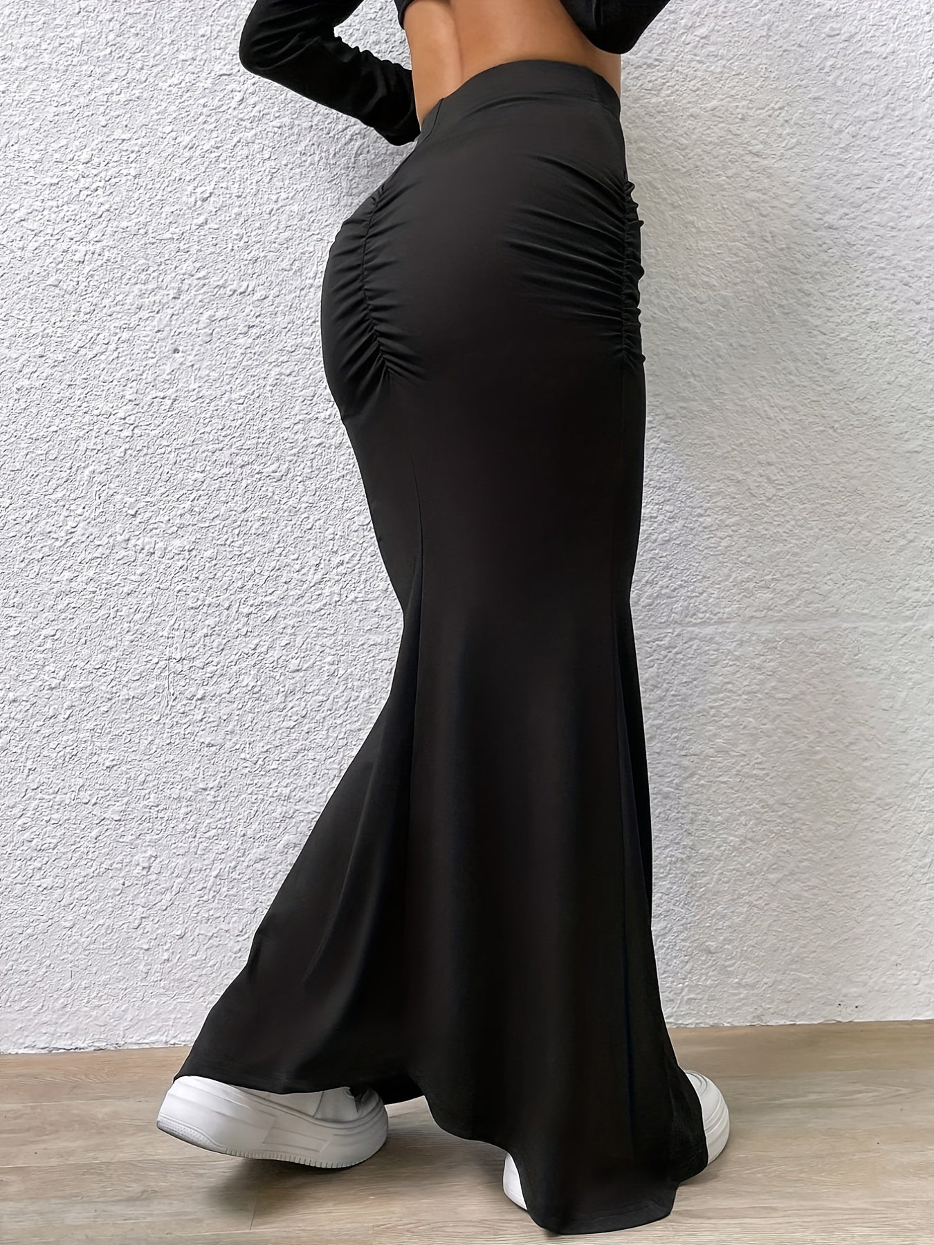 vlovelaw Solid Ruched High Waist Skirt, Elegant Slim Bodycon Skirt For Spring & Fall, Women's Clothing
