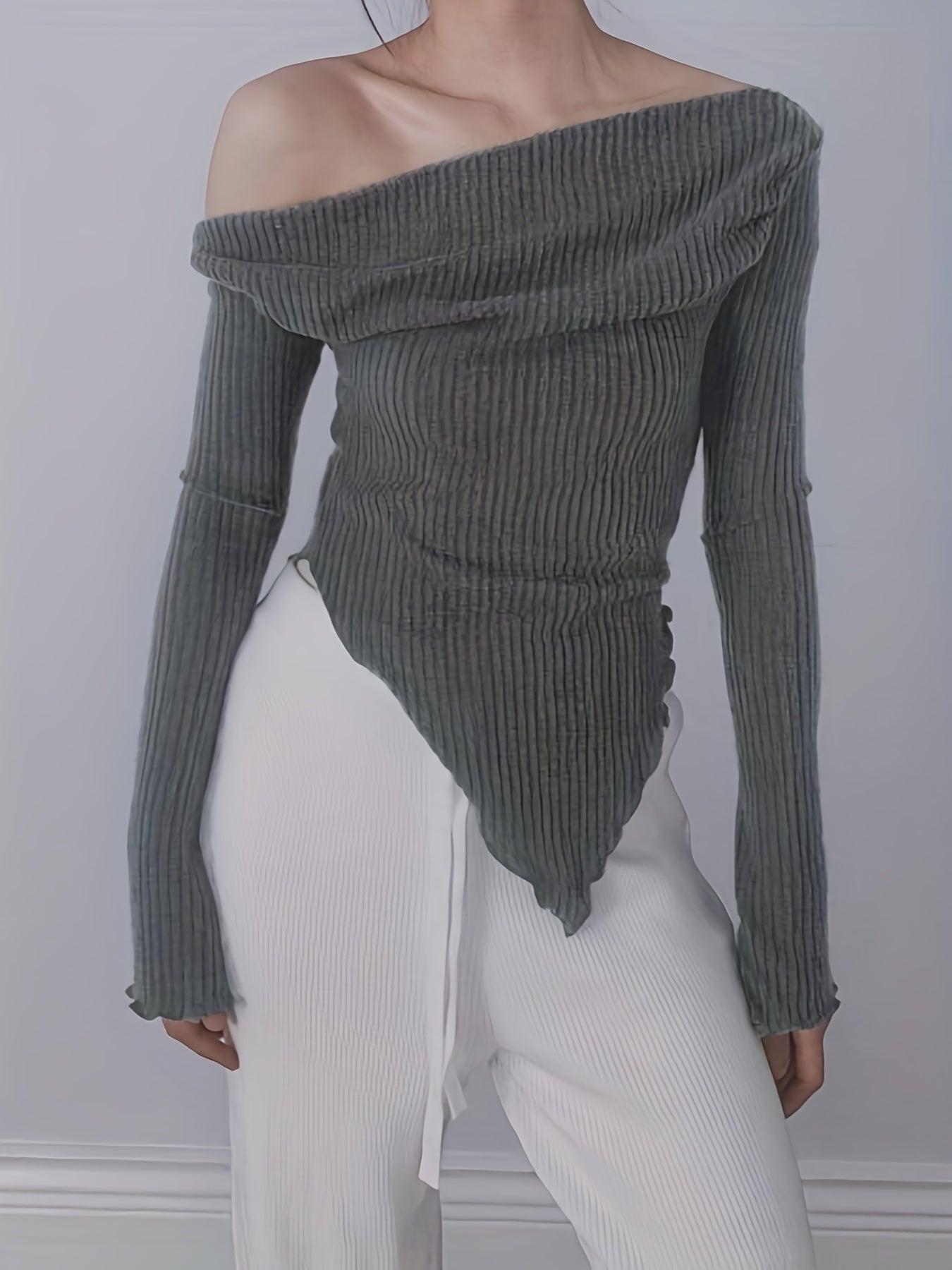vlovelaw Solid Ruched Asymmetrical Neck T-Shirt, Casual Hanky Hem Long Sleeve Top For Spring & Fall, Women's Clothing