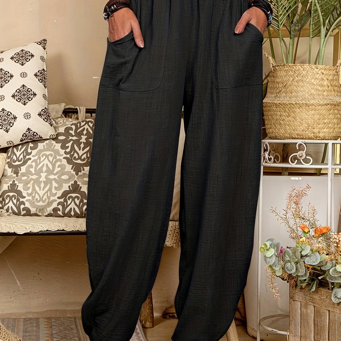 Elastic High Waist Harem Pants, Casual Pocket Pants For Spring & Summer, Women's Clothing