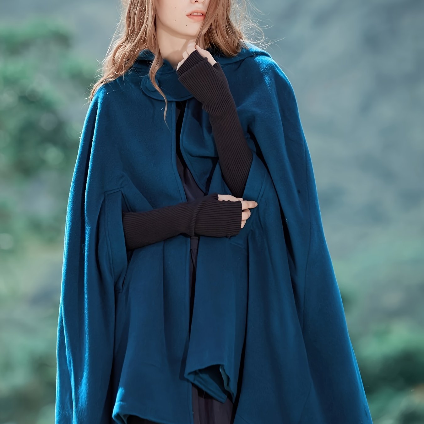 Plus Size Elegant Coat, Women's Plus Solid Split Cape Sleeve Button Detail Hooded Shawl Coat