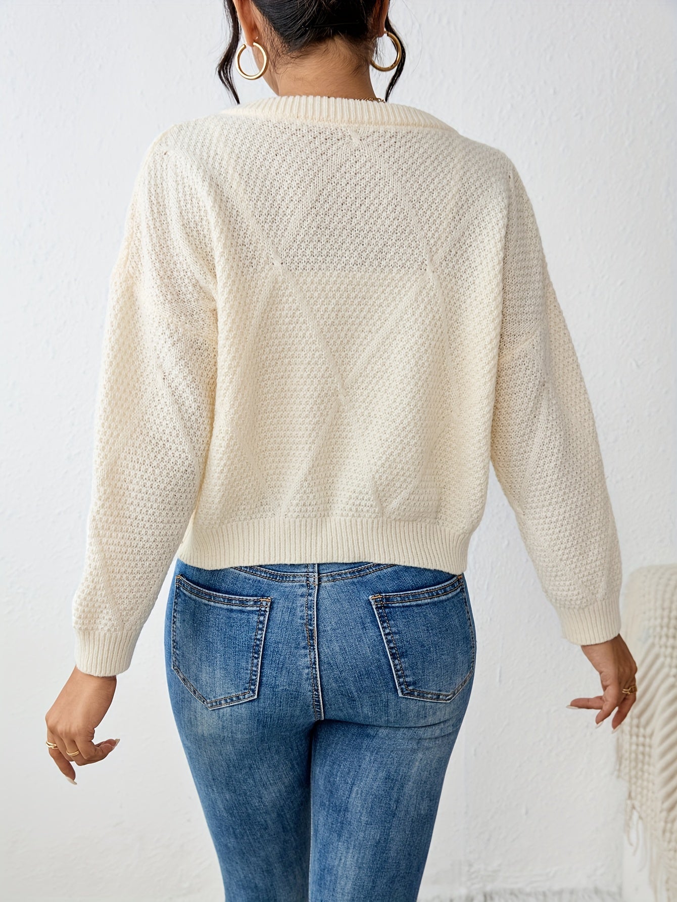 vlovelaw Solid Button Down Knit Cardigan, Elegant Crew Neck Long Sleeve Sweater, Women's Clothing