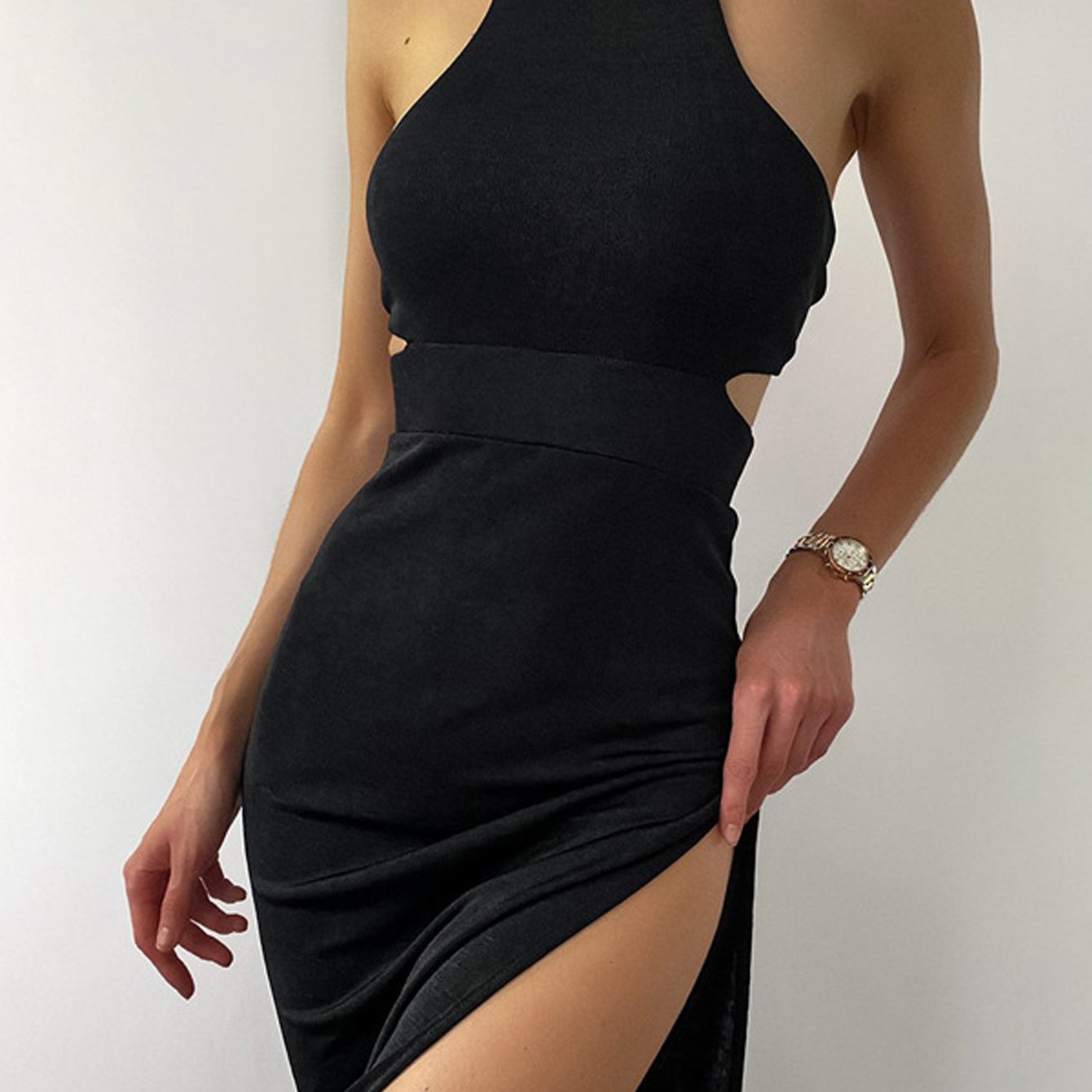 vlovelaw Cut Out Halter Neck Dress, Stylish Backless Split Hem Slim Tied Dress, Women's Clothing