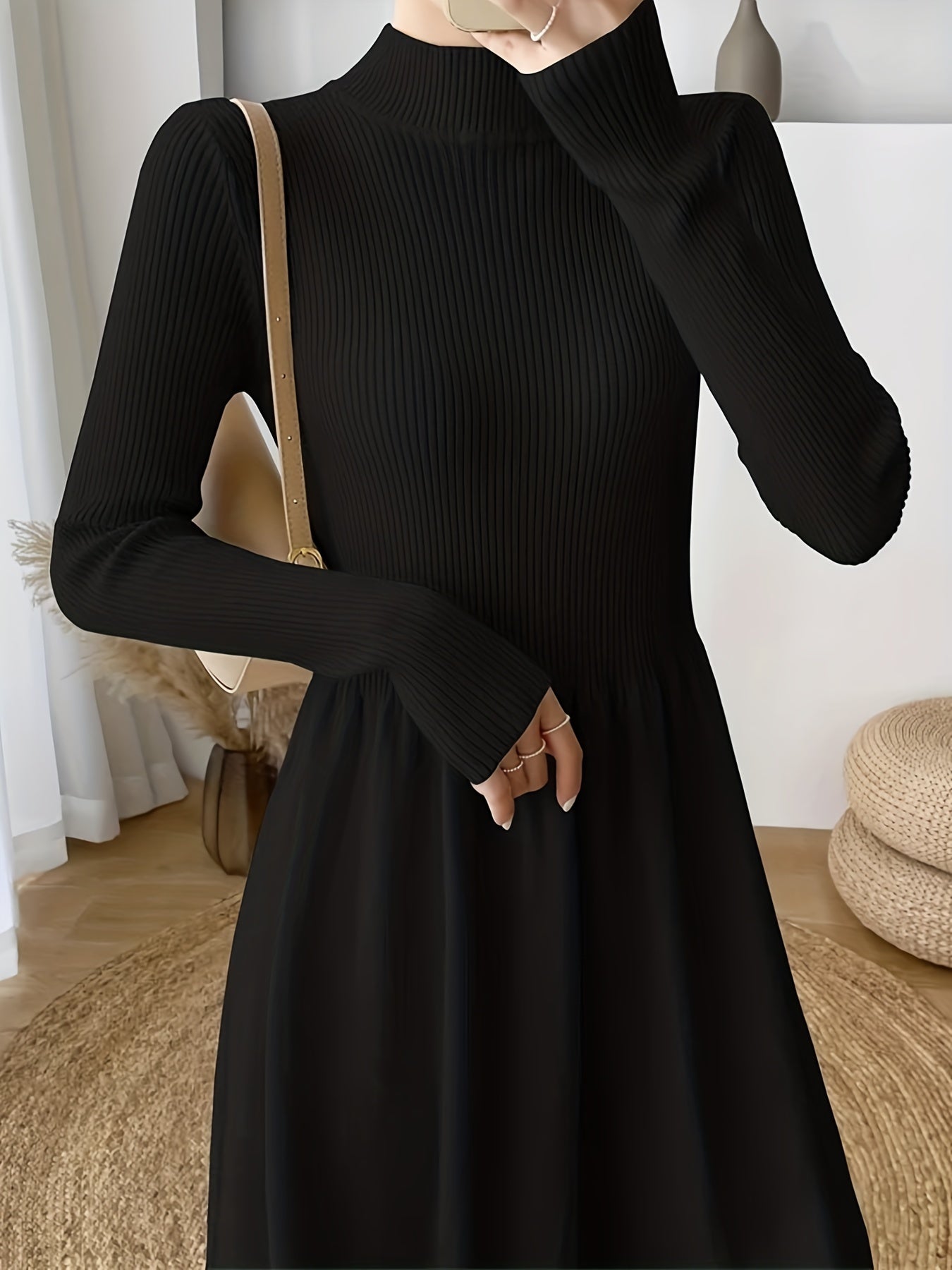 vlovelaw Solid Mock Neck Splicing Dress, Elegant Long Sleeve Aline Dress For Spring & Fall, Women's Clothing