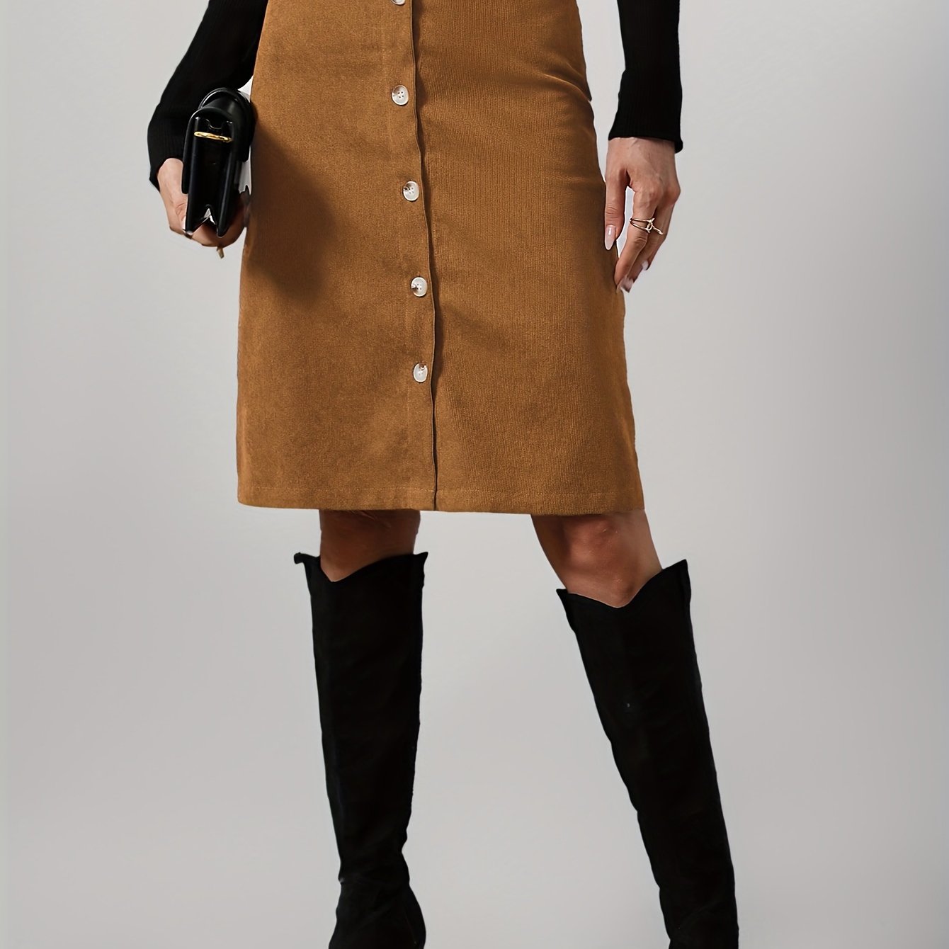Solid Button Front Corduroy Skirt, Casual High Waist Knee Length Skirt, Women's Clothing