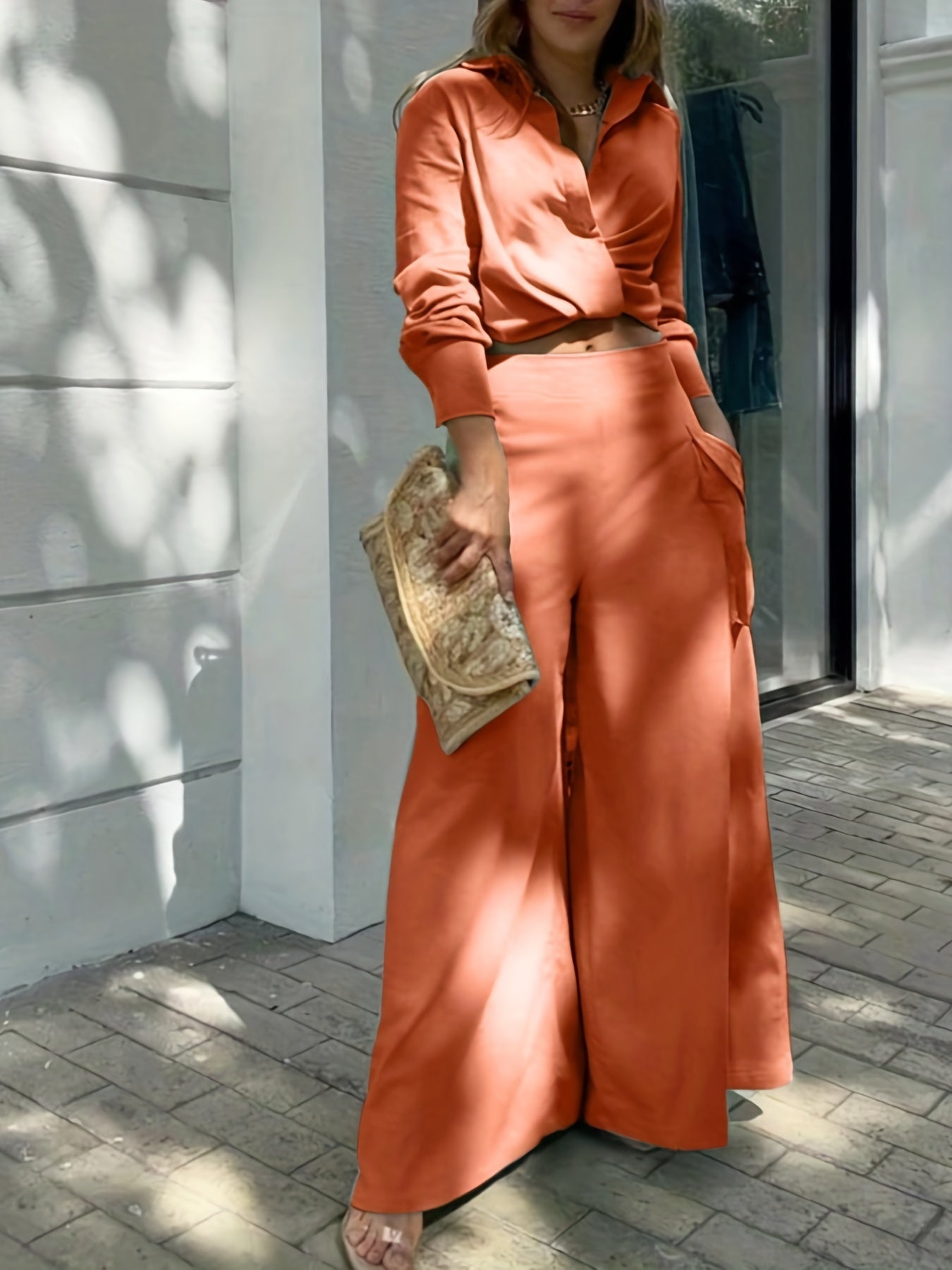 vlovelaw Casual Matching Two-piece Set, Long Sleeve Blouse & Wide Leg Pants Outfits, Women's Clothing