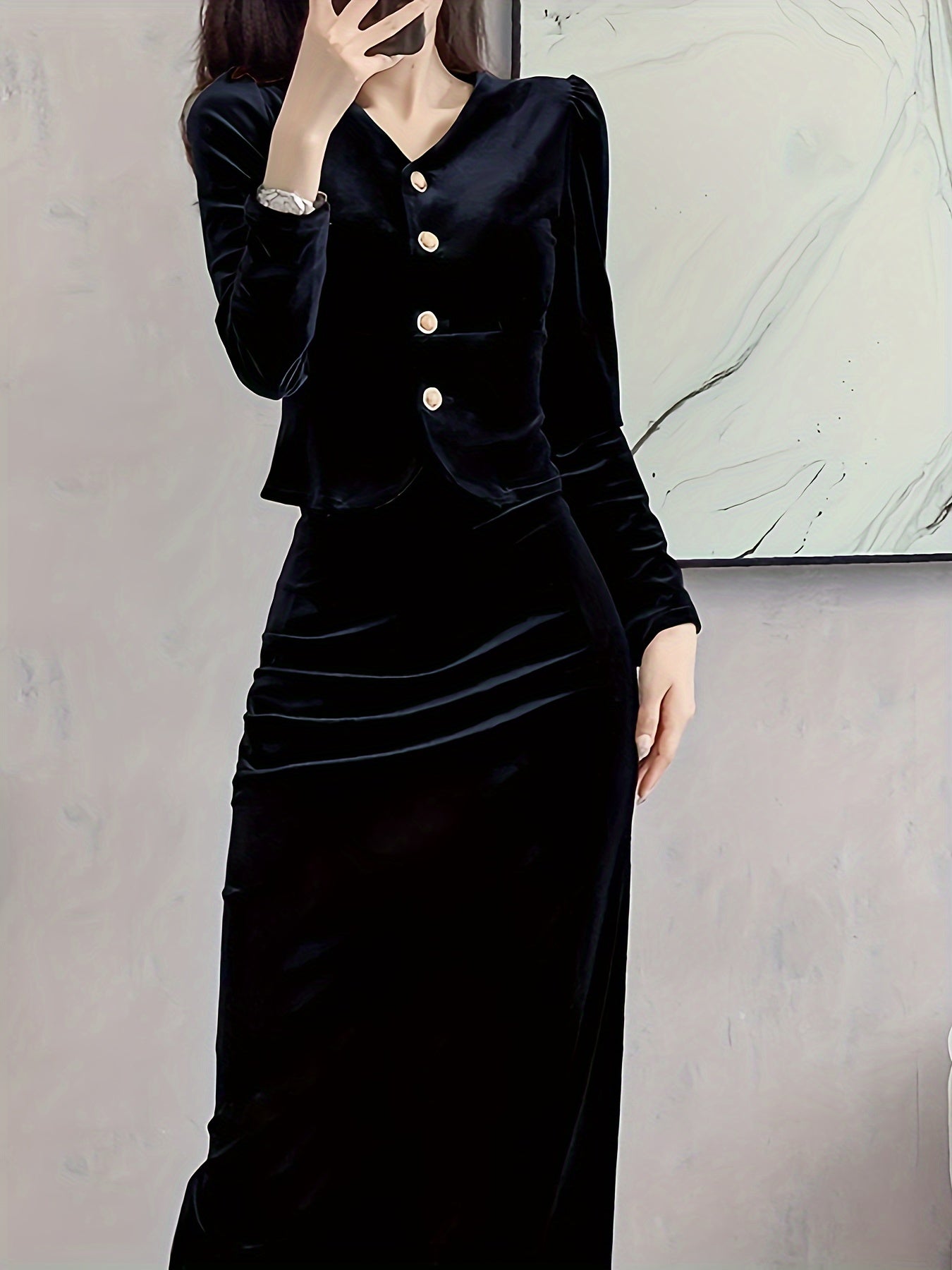 vlovelaw Solid Bodycon Two-piece Set, Button Front Long Sleeve Tops & High Waist Midi Skirts Outfits, Women's Clothing