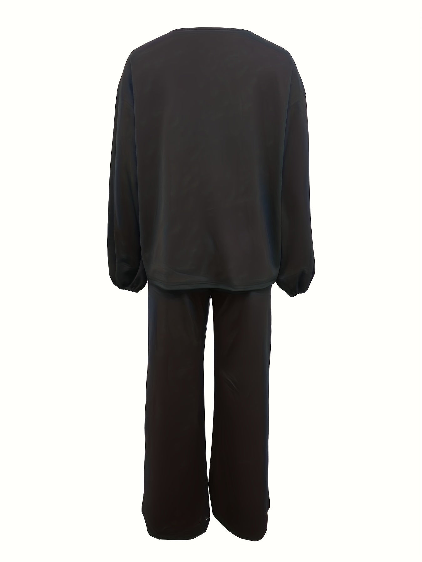 vlovelaw Casual Solid Two-piece Set, V Neck Long Sleeve Top & Wide Leg Pants Outfits, Women's Clothing