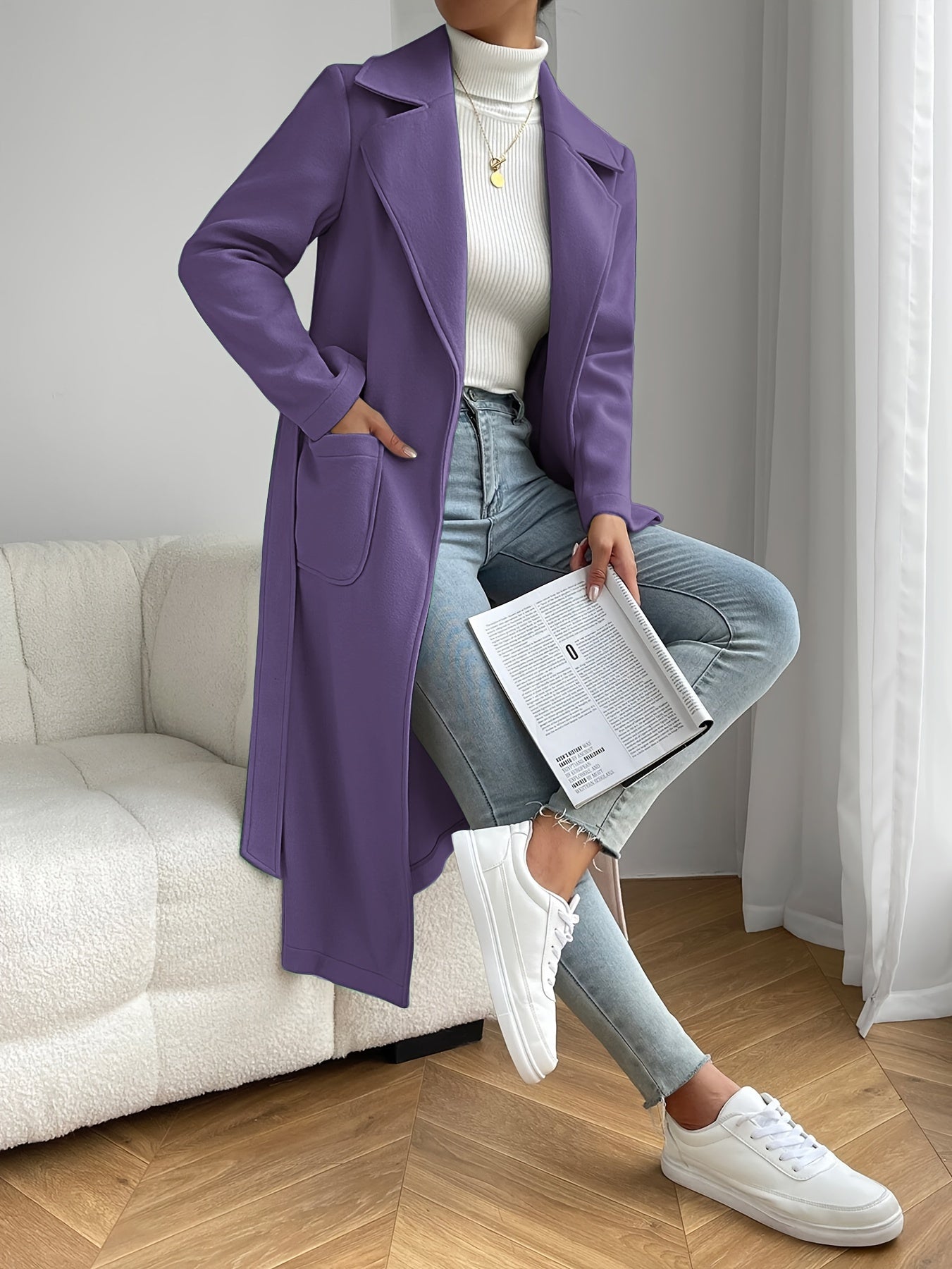 vlovelaw Dual Pocket Trench Coat, Tie Waist Solid Casual Coat For Winter & Fall, Women's Clothing