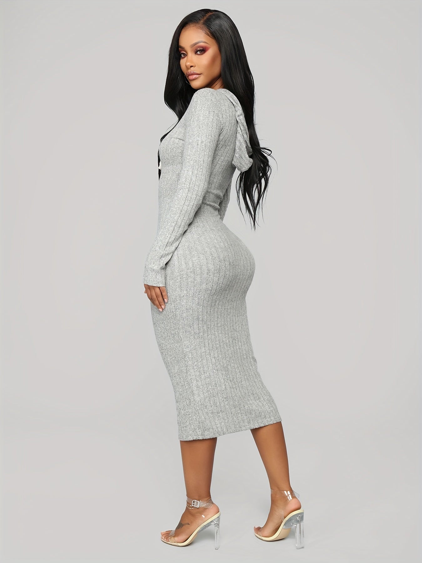 Ribbed Hooded Bodycon Dress, Casual Long Sleeve Drawstring Midi Dress, Women's Clothing