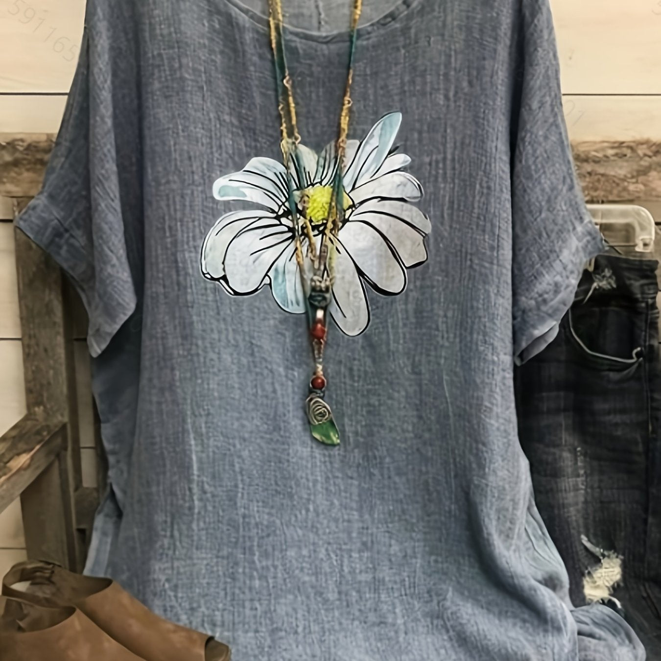 Plus Size Casual Top, Women's Plus Flower Print Short Sleeve Round Neck T-shirt