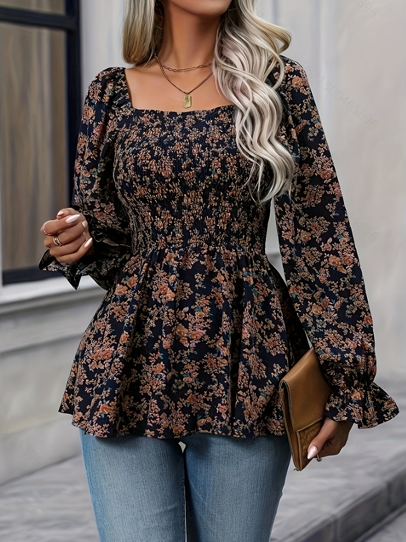 vlovelaw Floral Print Square Neck Flare Blouse, Casual Lantern Sleeve Shirred Blouse For Spring & Fall, Women's Clothing