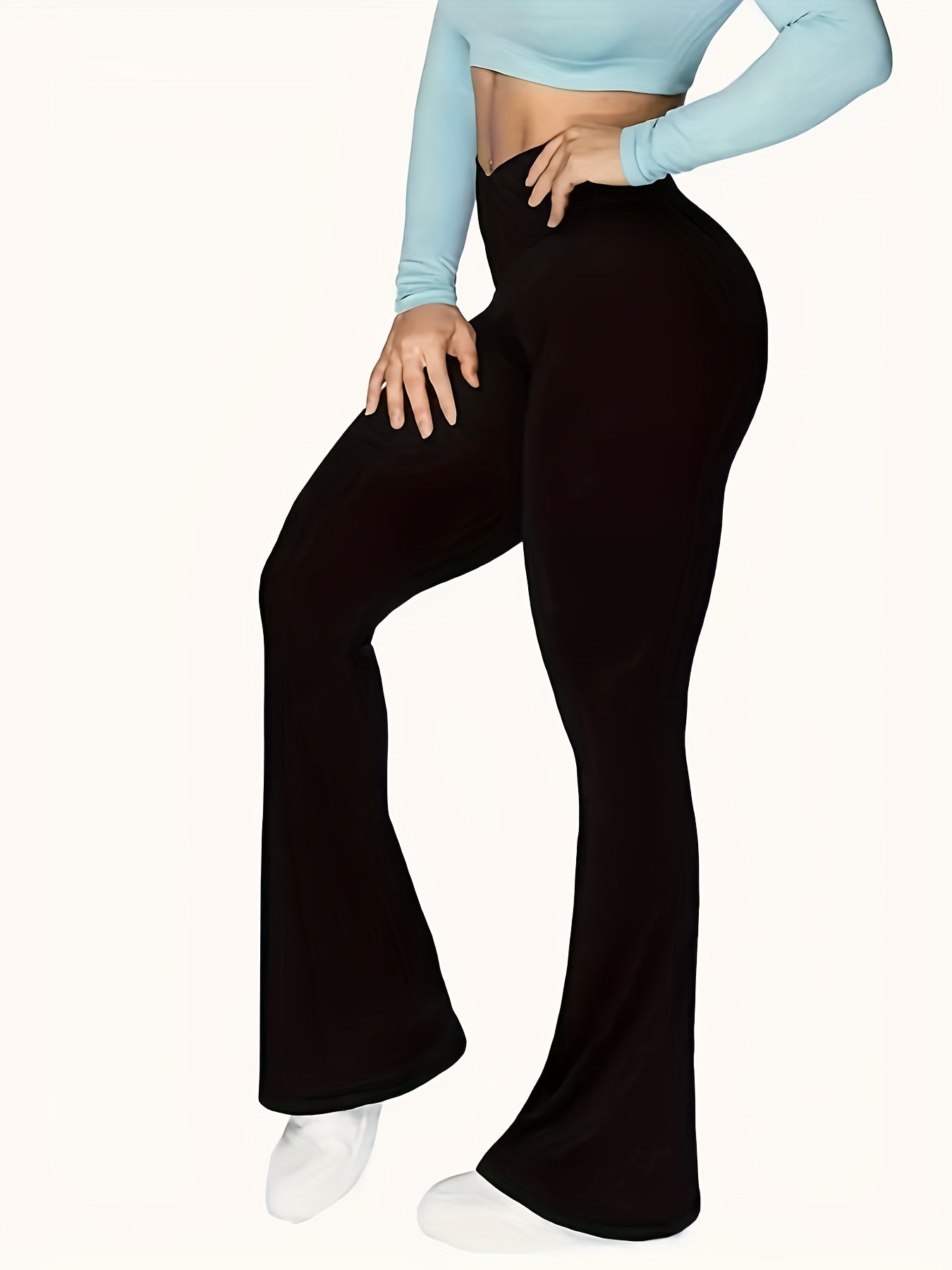 vlovelaw Plus Size Casual Pants, Women's Plus Solid Cross High Rise Slight Stretch Flared Leg Trousers