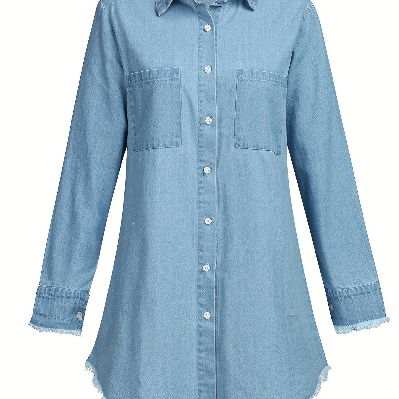 Raw Hem Long Sleeves Denim Shirt, Single-Breasted Button Patched Pockets Lapel Denim Shirt, Women's Denim Clothing