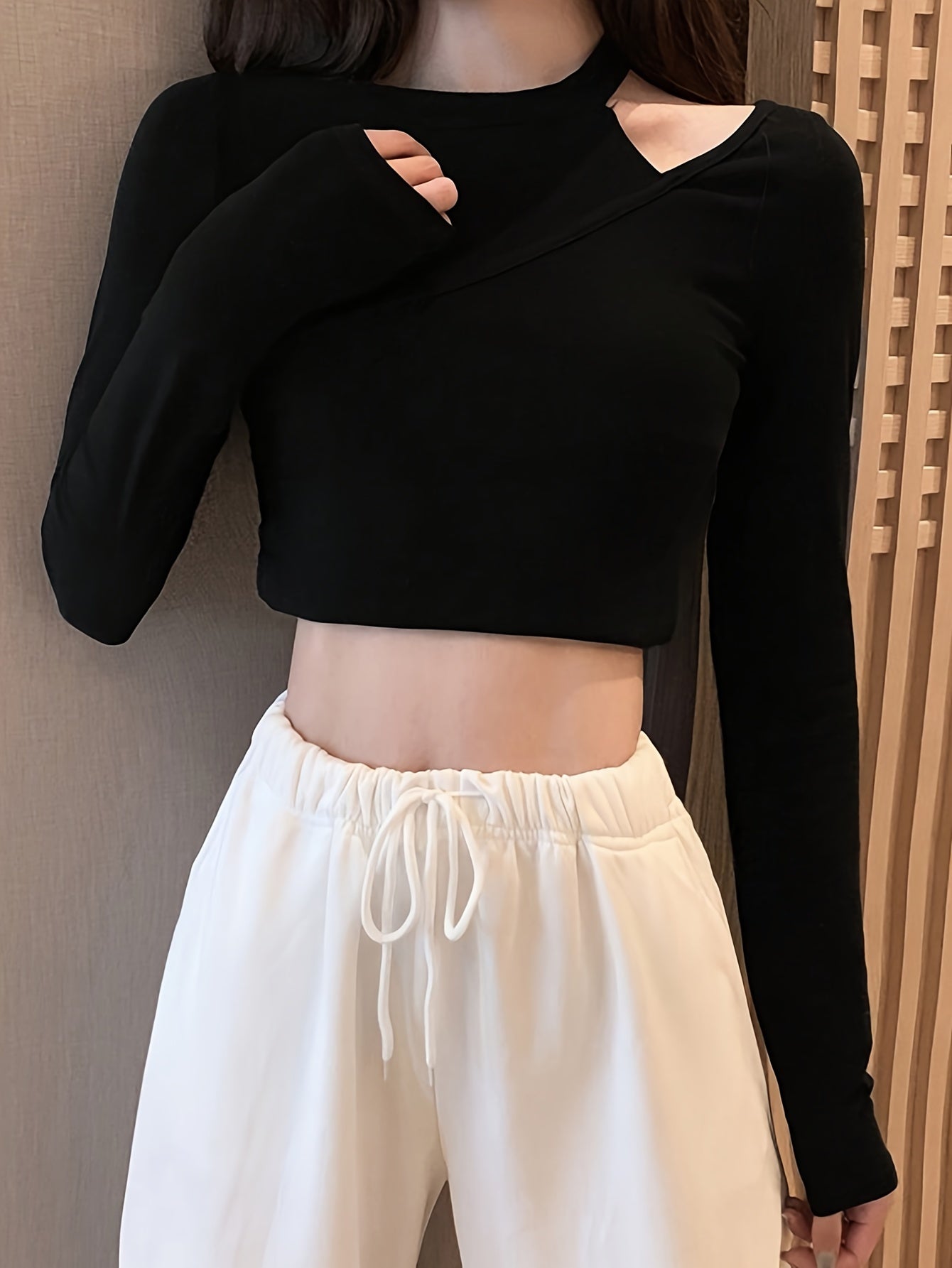 Solid Cut Out T-Shirt, Casual Long Sleeve Crop Top, Women's Clothing