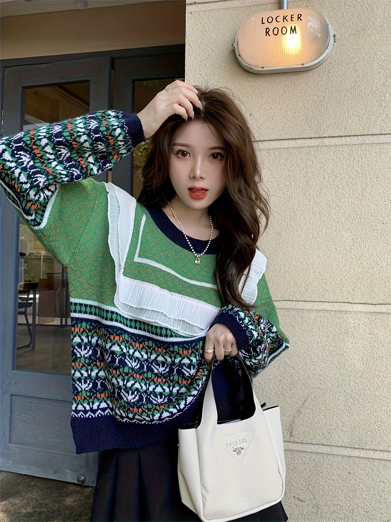 vlovelaw Allover Print Mesh Decor Sweater, Casual Crew Neck Long Sleeve Sweater For Fall & Winter, Women's Clothing