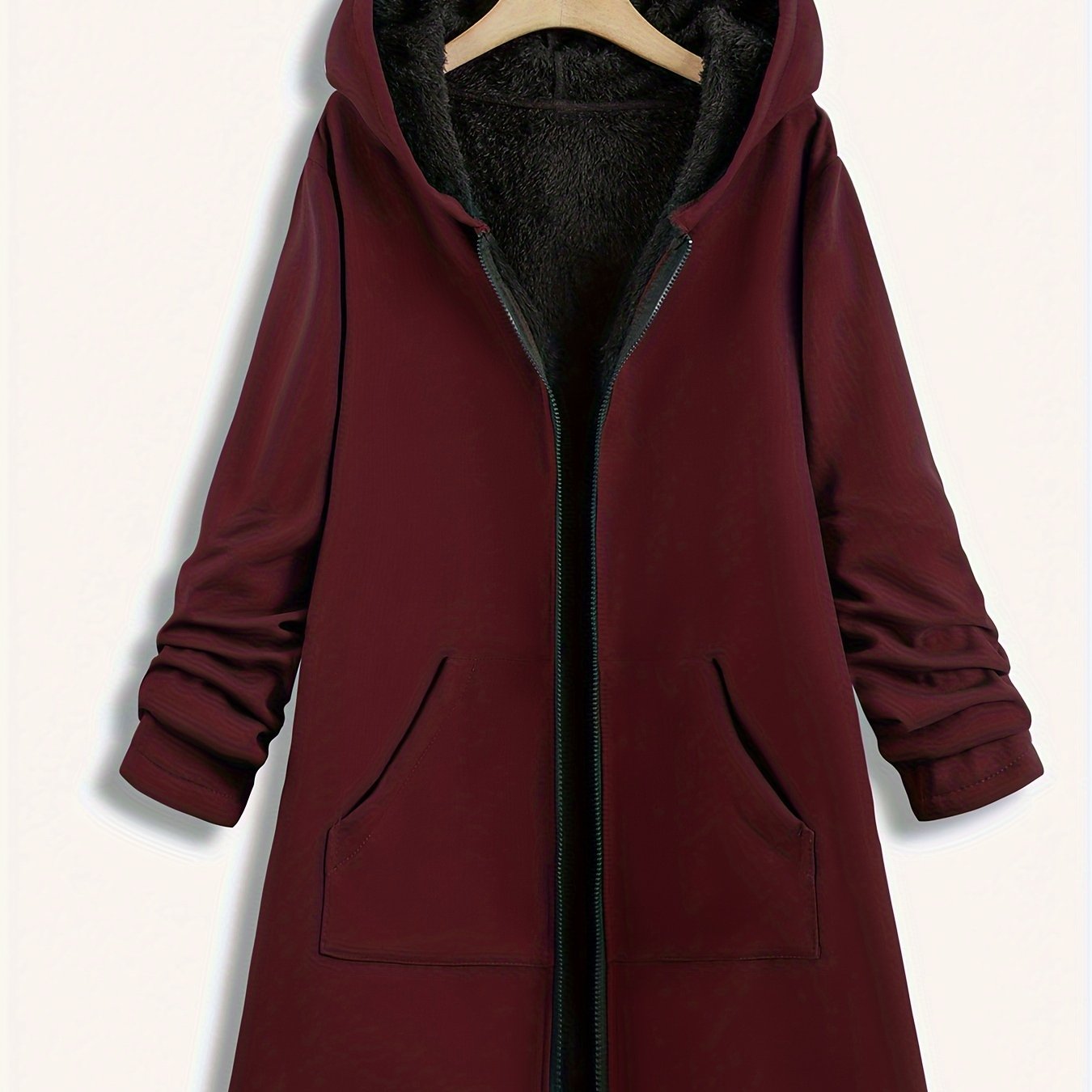 vlovelaw Plus Size Hoodie Fleece Liner Zip Up Coat, Women's Plus Warm Winter Casual Faux Fur Coat