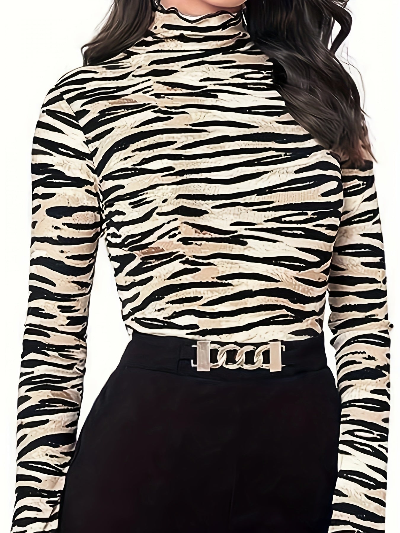 vlovelaw All Over Print Mock Neck T-Shirt, Casual Long Sleeve Top For Spring & Fall, Women's Clothing