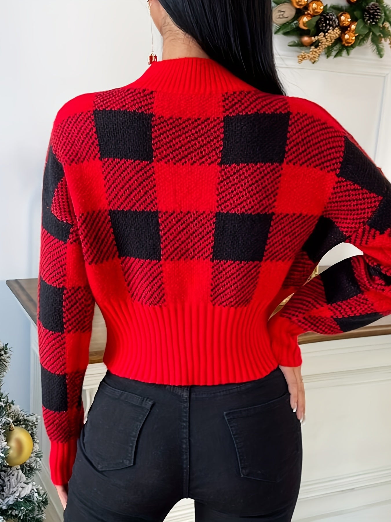 vlovelaw Plaid Crew Neck Pullover Sweater, Casual Long Sleeve Fall Winter Sweater, Women's Clothing