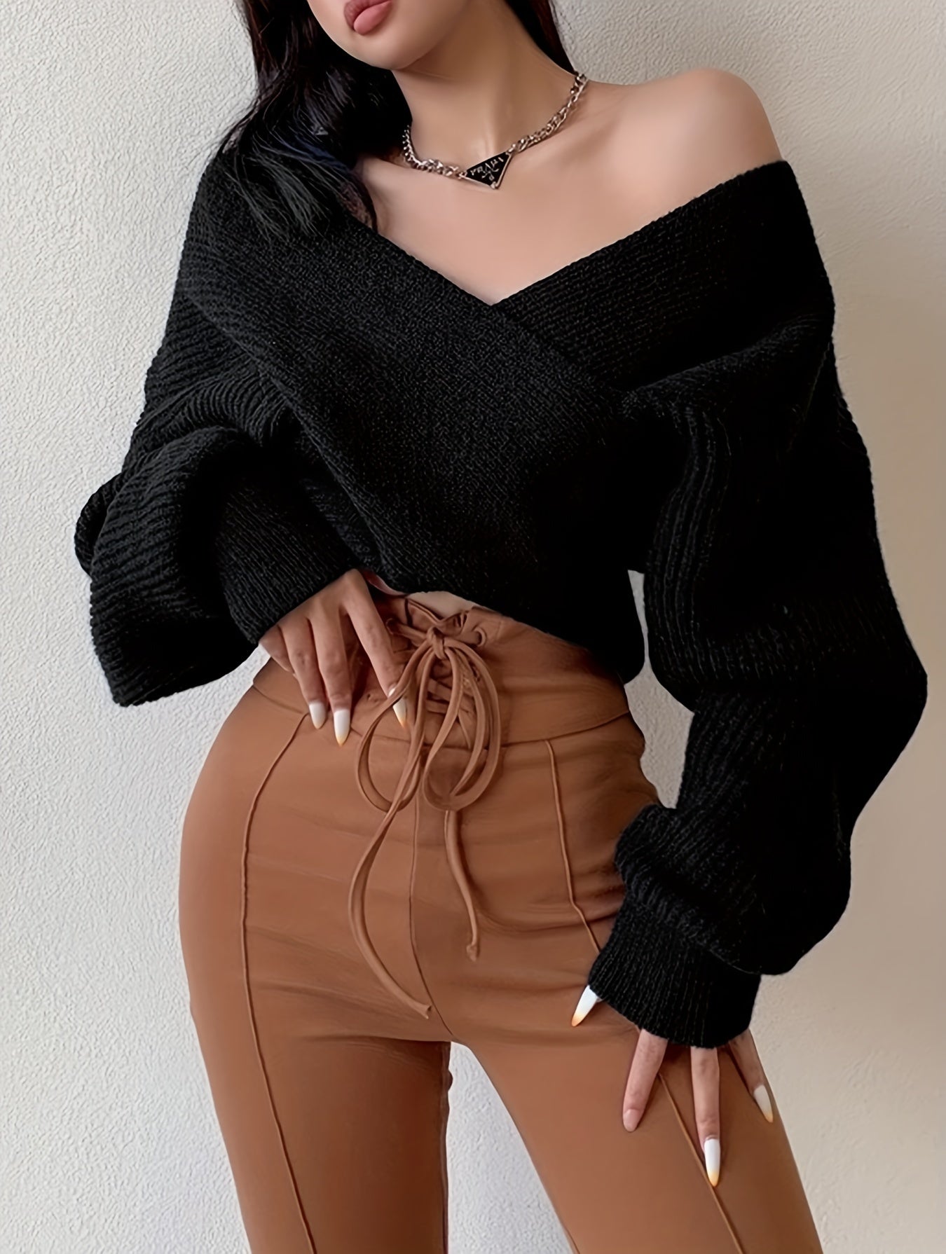 vlovelaw Solid Cross Front V Neck Sweater, Elegant Long Sleeve Pullover Sweater, Women's Clothing