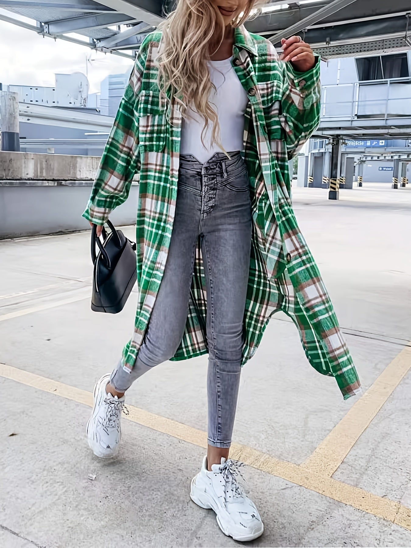 vlovelaw Plaid Print Long Length Jacket, Casual Button Front Flap Pockets Outwear, Women's Clothing