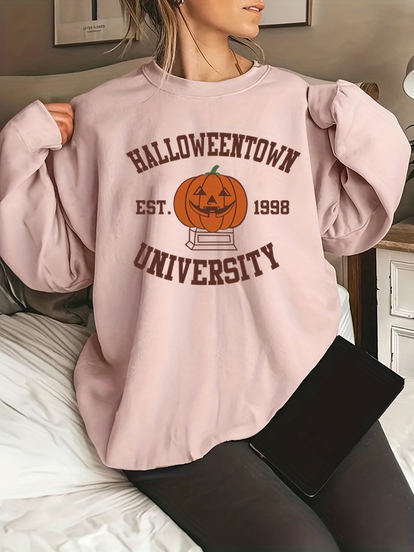 vlovelaw Plus Size Halloween Sweatshirt, Women's Plus Cartoon Pumpkin & Letter Print Long Sleeve Round Neck Slight Stretch Sweatshirt