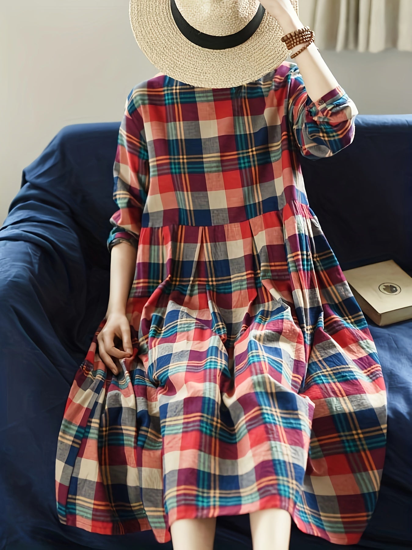 vlovelaw Plaid Print Loose Dress, Random Print Long Sleeve Casual Dress For Fall & Spring, Women's Clothing