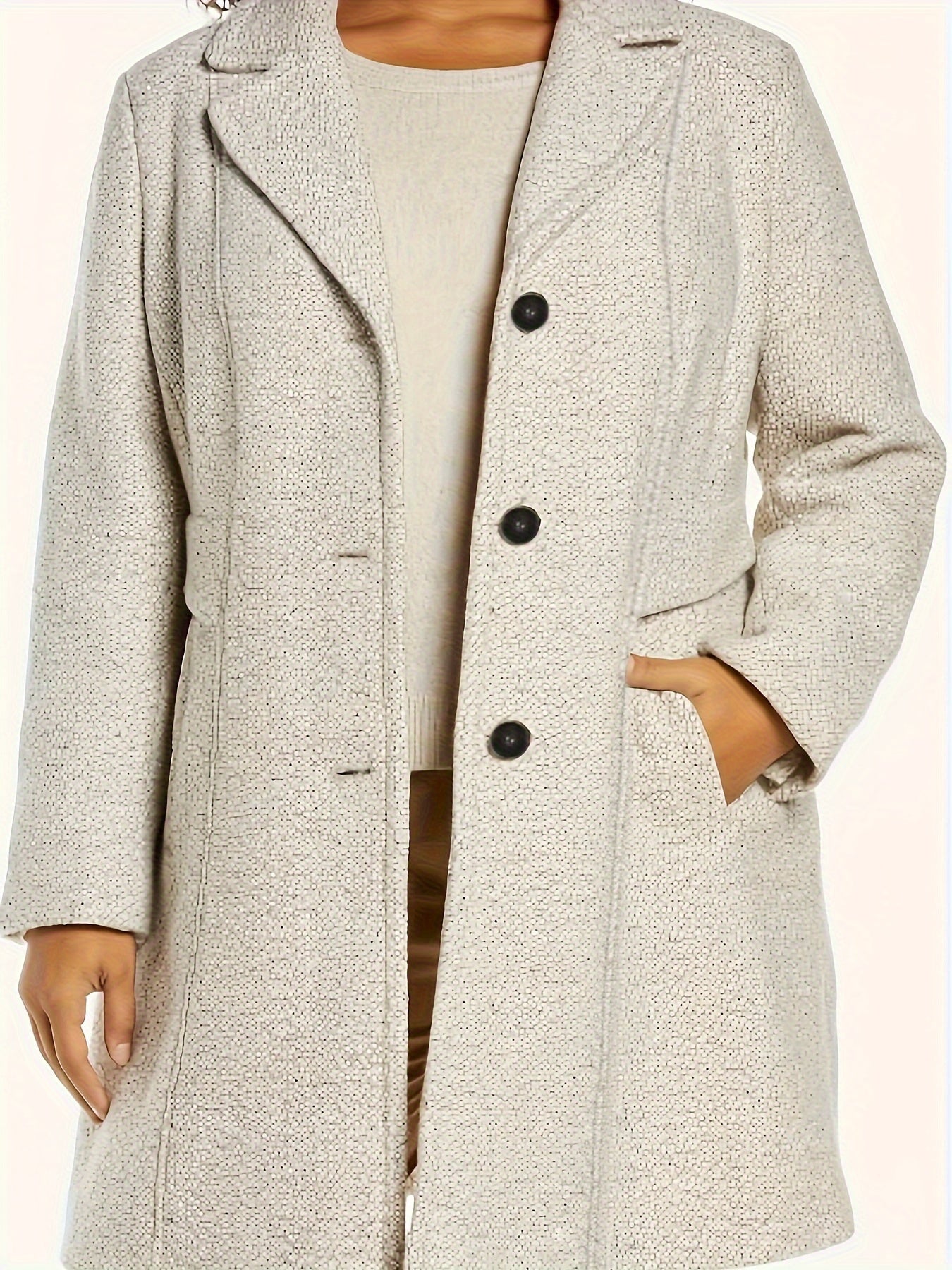 vlovelaw Plus Size Elegant Coat, Women's Plus Solid Long Sleeve Button Up Lapel Collar Tunic Coat With Pockets