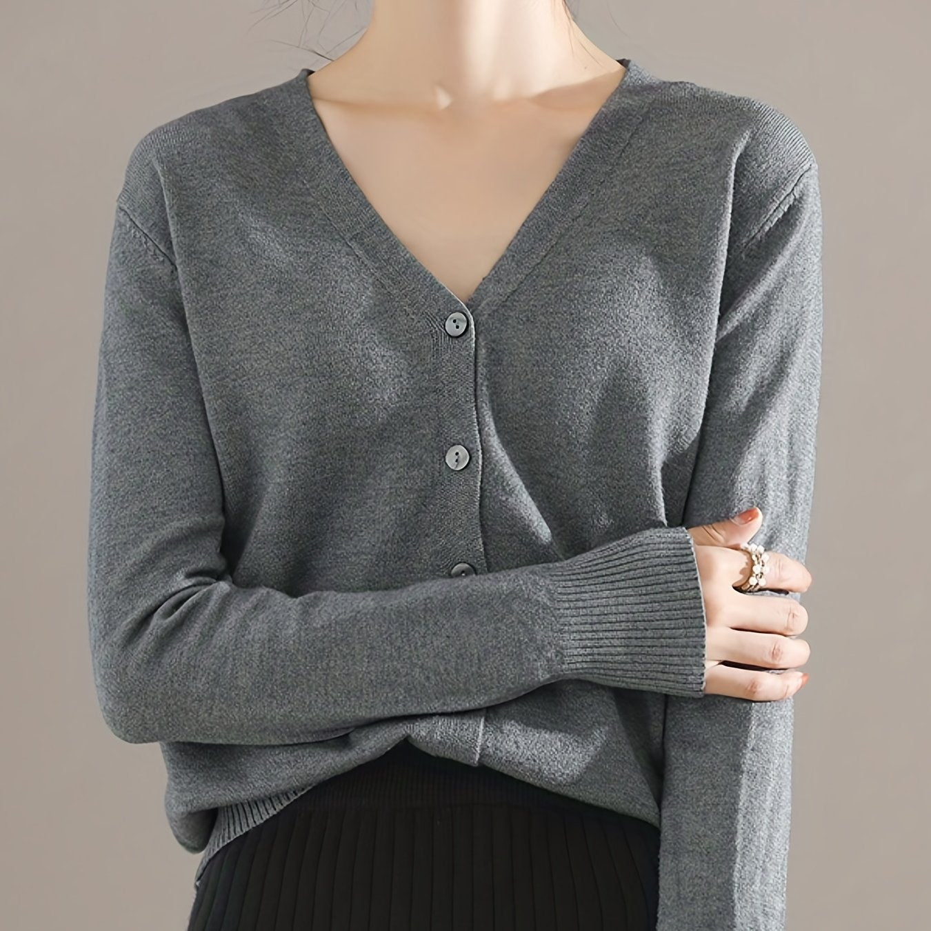 Elegant V-neck Solid Cardigan, Long Sleeve Cardigan For Spring & Fall, Women's Clothing
