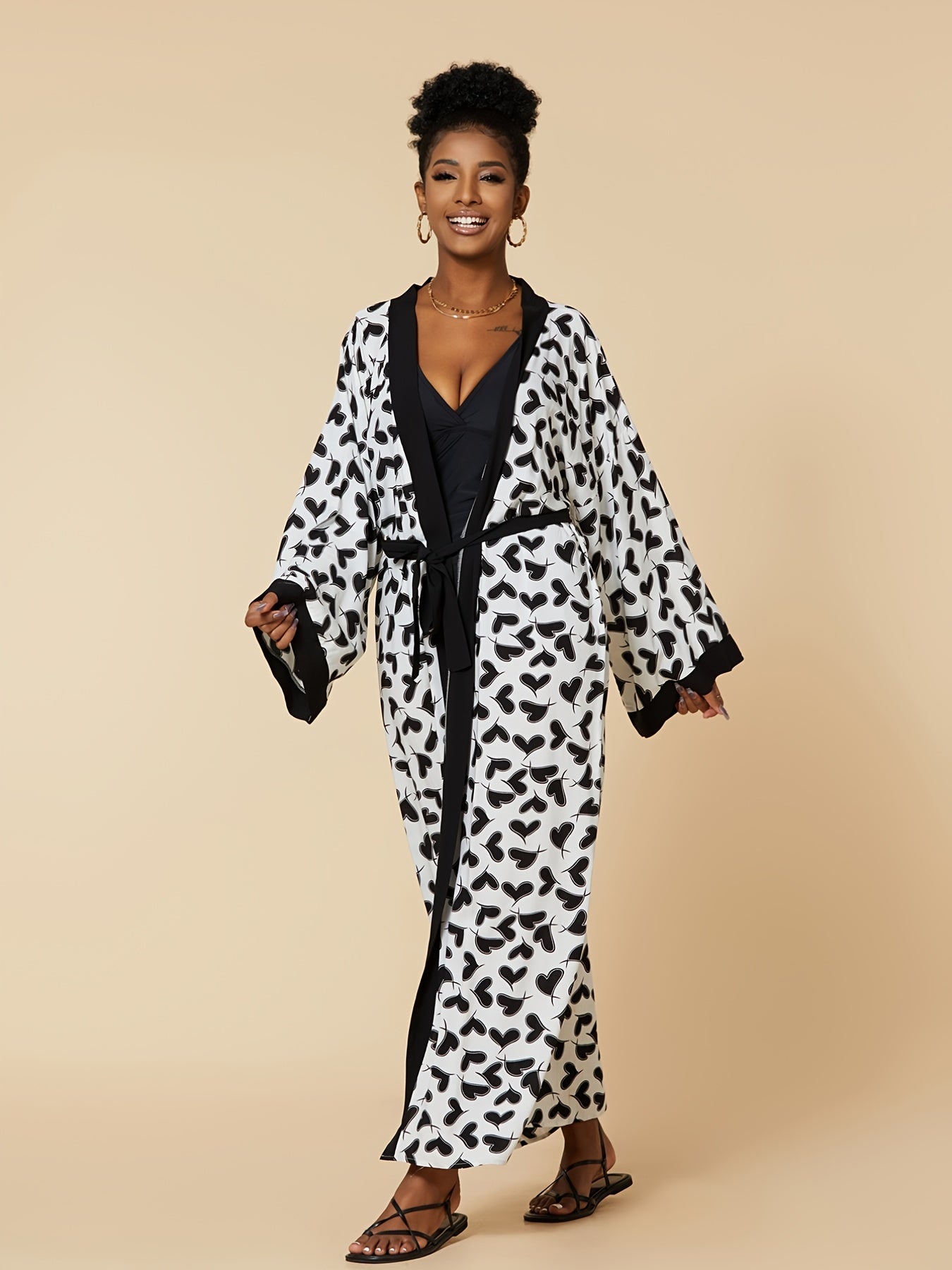 vlovelaw Heart Print Beach Wear Tunics, Boho Open Front Long Sleeve Summer Long Length Tunics, Women's Clothing