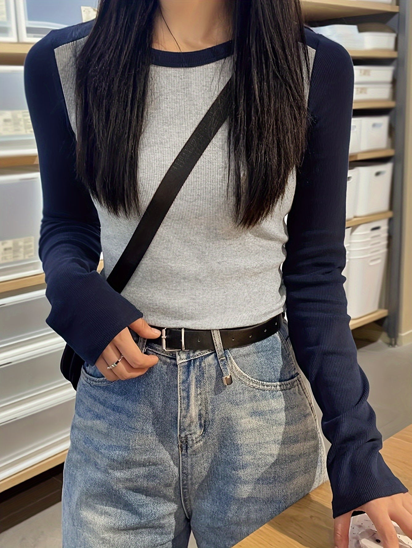 vlovelaw Color Block Crew Neck T-Shirt, Casual Long Sleeve T-Shirt For Spring & Fall, Women's Clothing