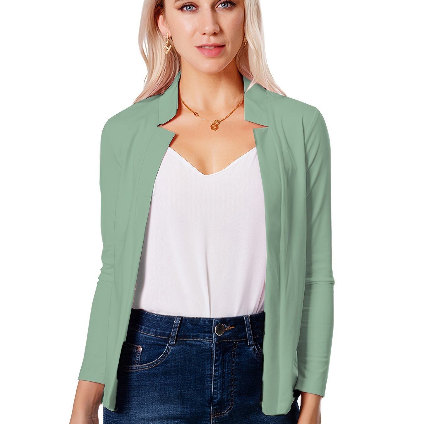 Solid Open Front Blazer, Elegant Long Sleeve Blazer For Office & Work, Women's Clothing