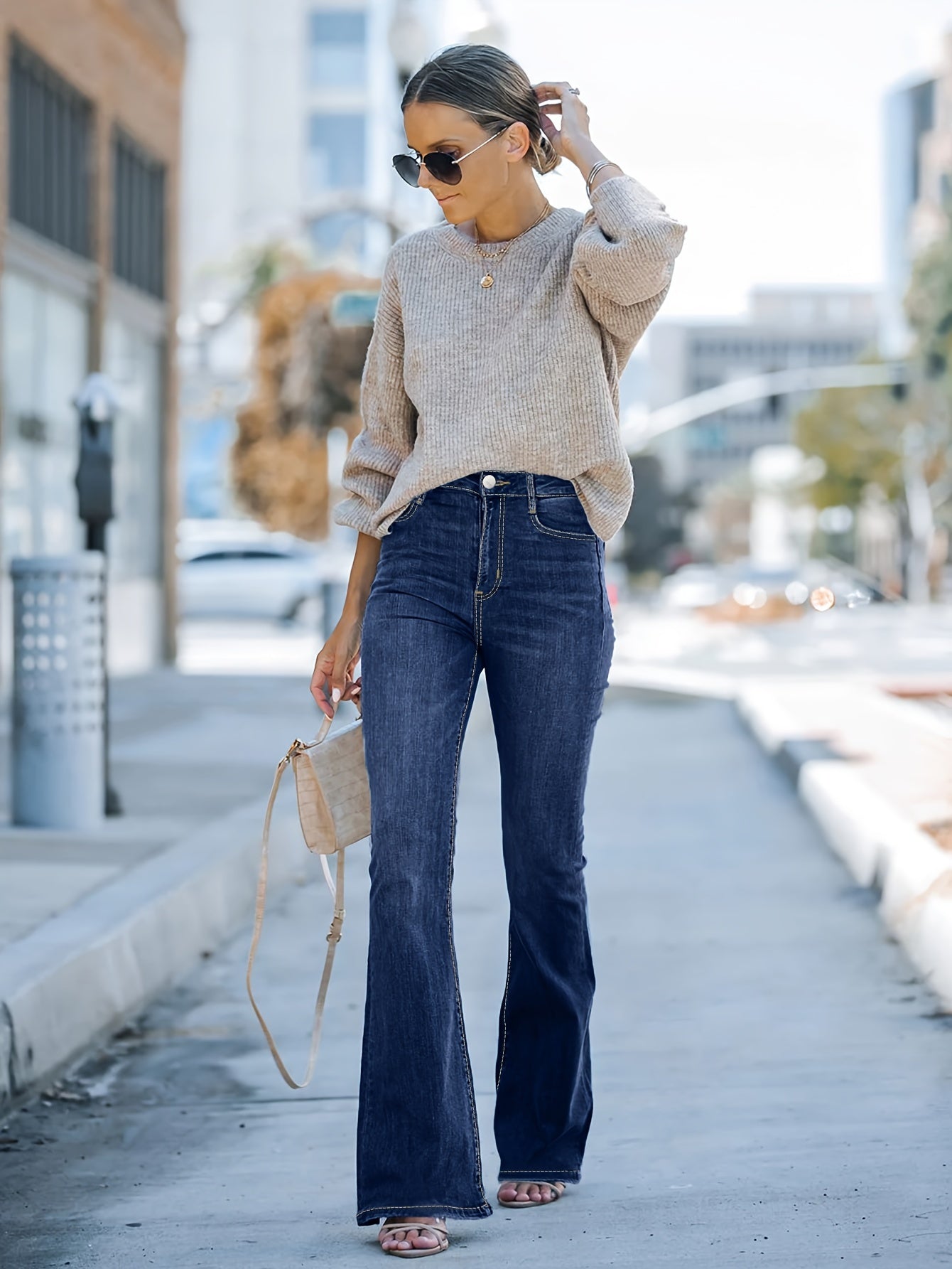 vlovelaw Plus Size Casual Jeans, Women's Plus Washed Button Fly High Rise Medium Stretch Bootcut Jeans
