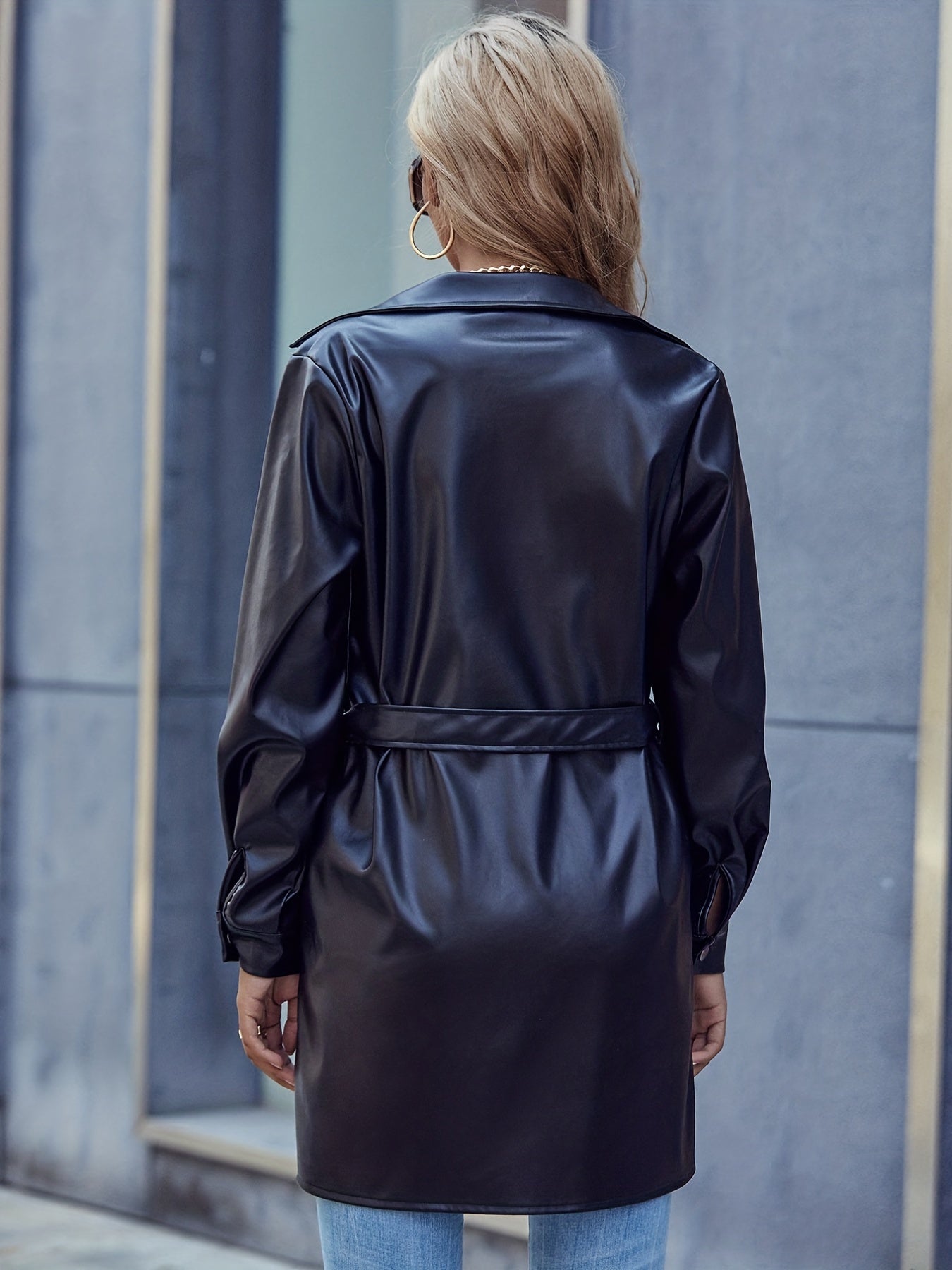 vlovelaw Solid V-neck Tie Waist Jacket, Casual Flap Pockets Long Sleeve Jacket For Fall & Winter, Women's Clothing