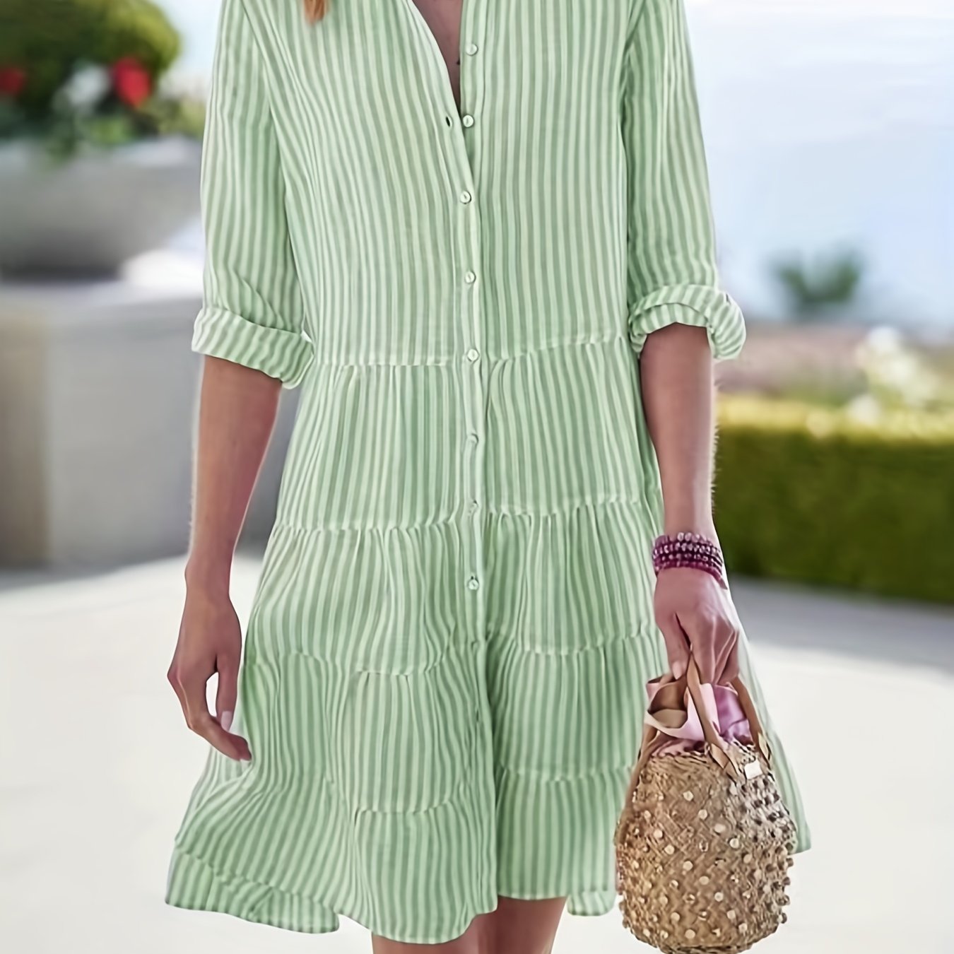 vlovelaw Striped Ruffle Layered Hem Shirt Dress, Casual Button Long Sleeve Tiered Dress, Women's Clothing