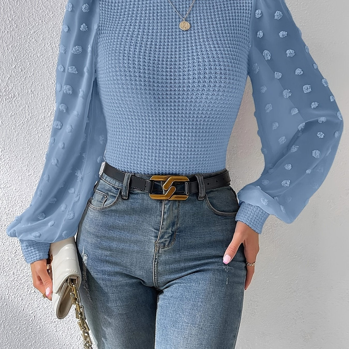 vlovelaw Swiss Dot Mock Neck Blouse, Casual Long Lantern Sleeve Blouse For Spring & Fall, Women's Clothing