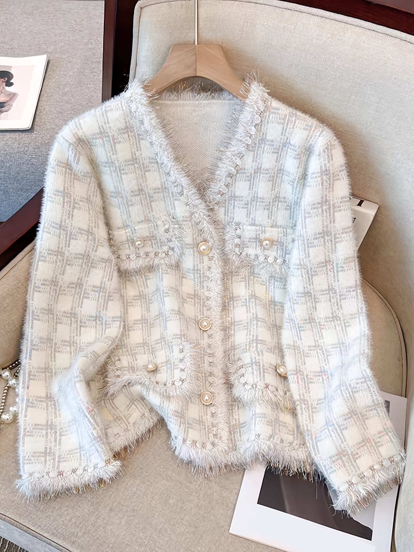 Women's Chic Long Sleeve Knitted Coat - Elegant Plaid Design, Button Front, Raw Trim, Dual Pockets, Fall & Winter Essential