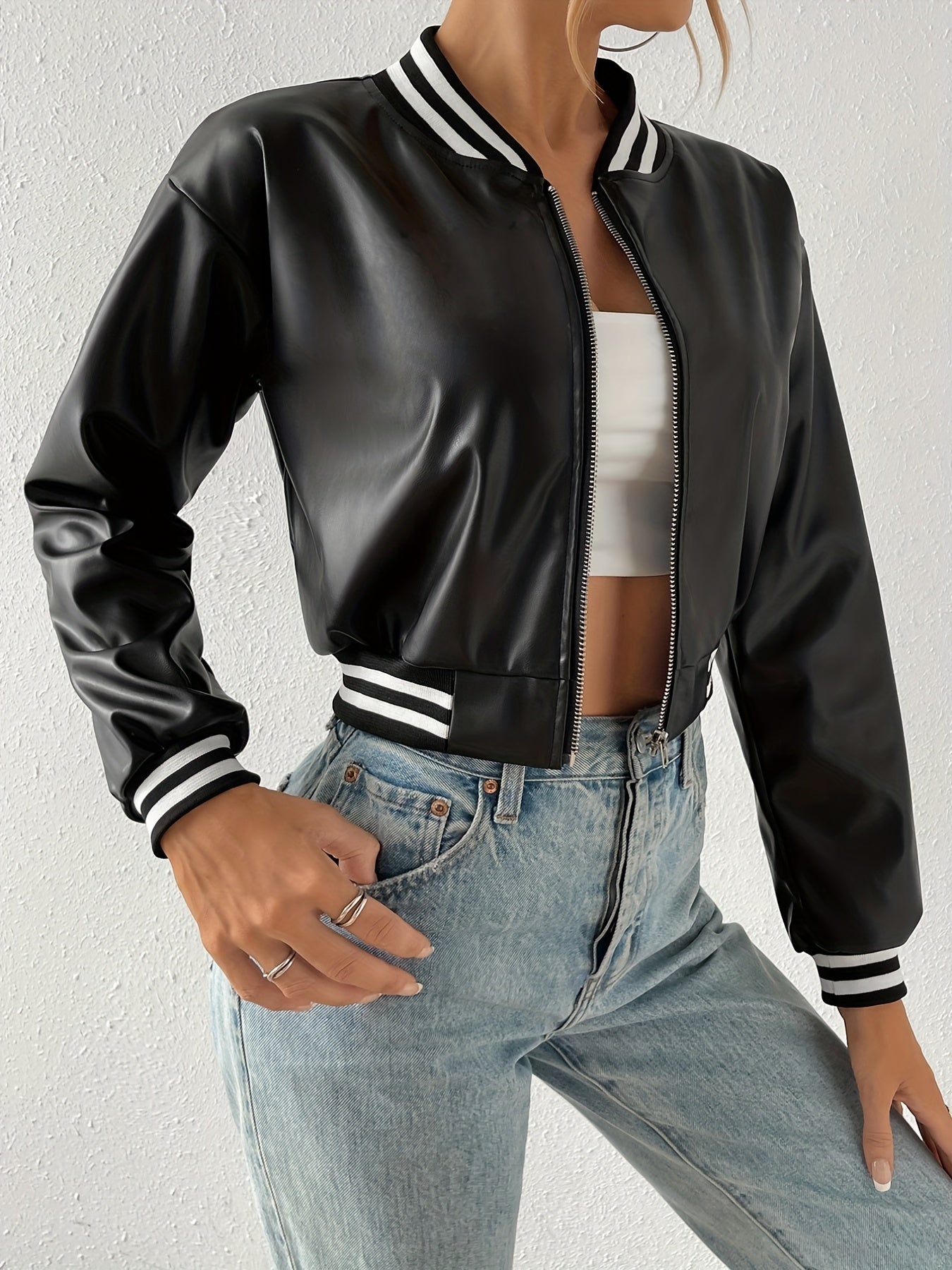 Faux Leather Crop Jacket, Y2K Zip Front Long Sleeve Jacket For Fall & Winter, Women's Clothing