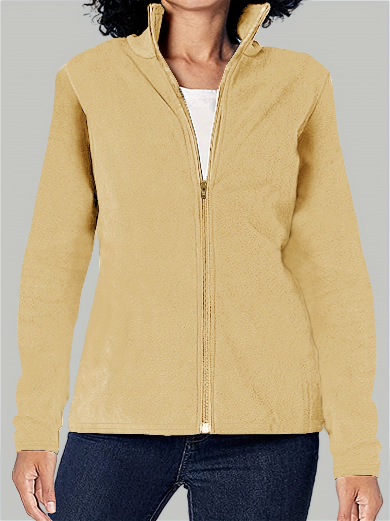 Thermal Stand Collar Jacket, Warm Solid Zipper Jacket, Casual Outerwear For Fall & Winter, Women's Clothing