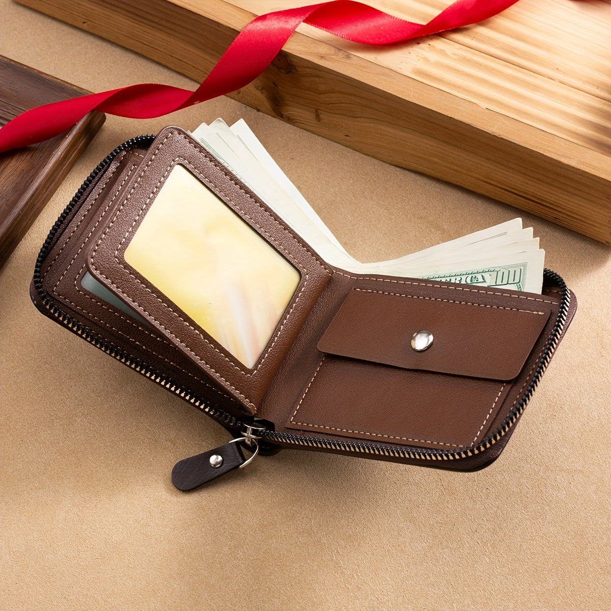 CarrKen Vintage-Inspired Solid Wallet: Secure Zip-Around Coin Holder, Textured Credit Card Organizer