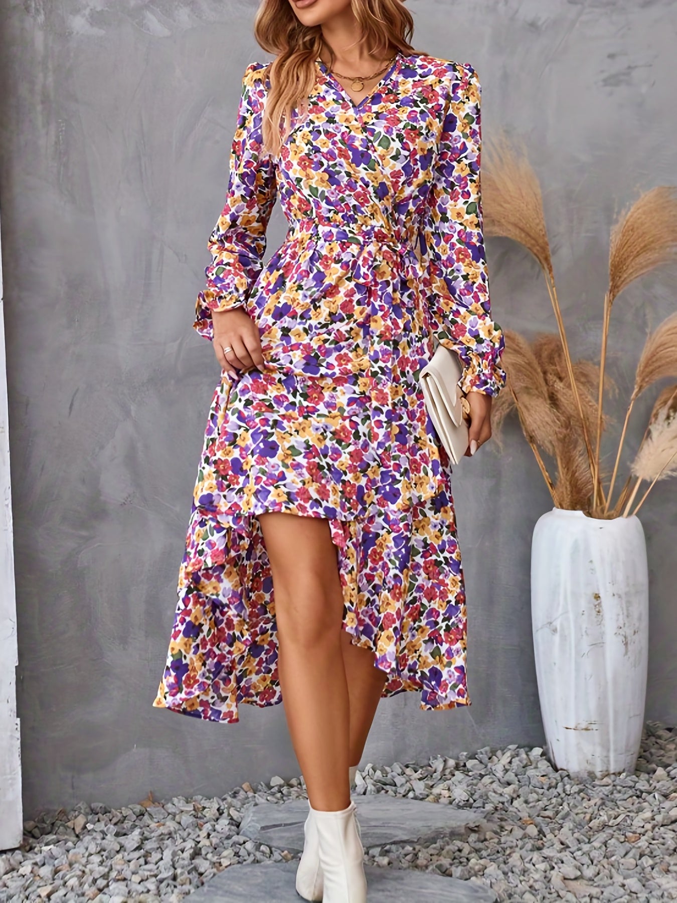 vlovelaw Floral Print Tie Waist V-neck Dress, Elegant Long Sleeve Asymmetrical Hem Dress, Women's Clothing